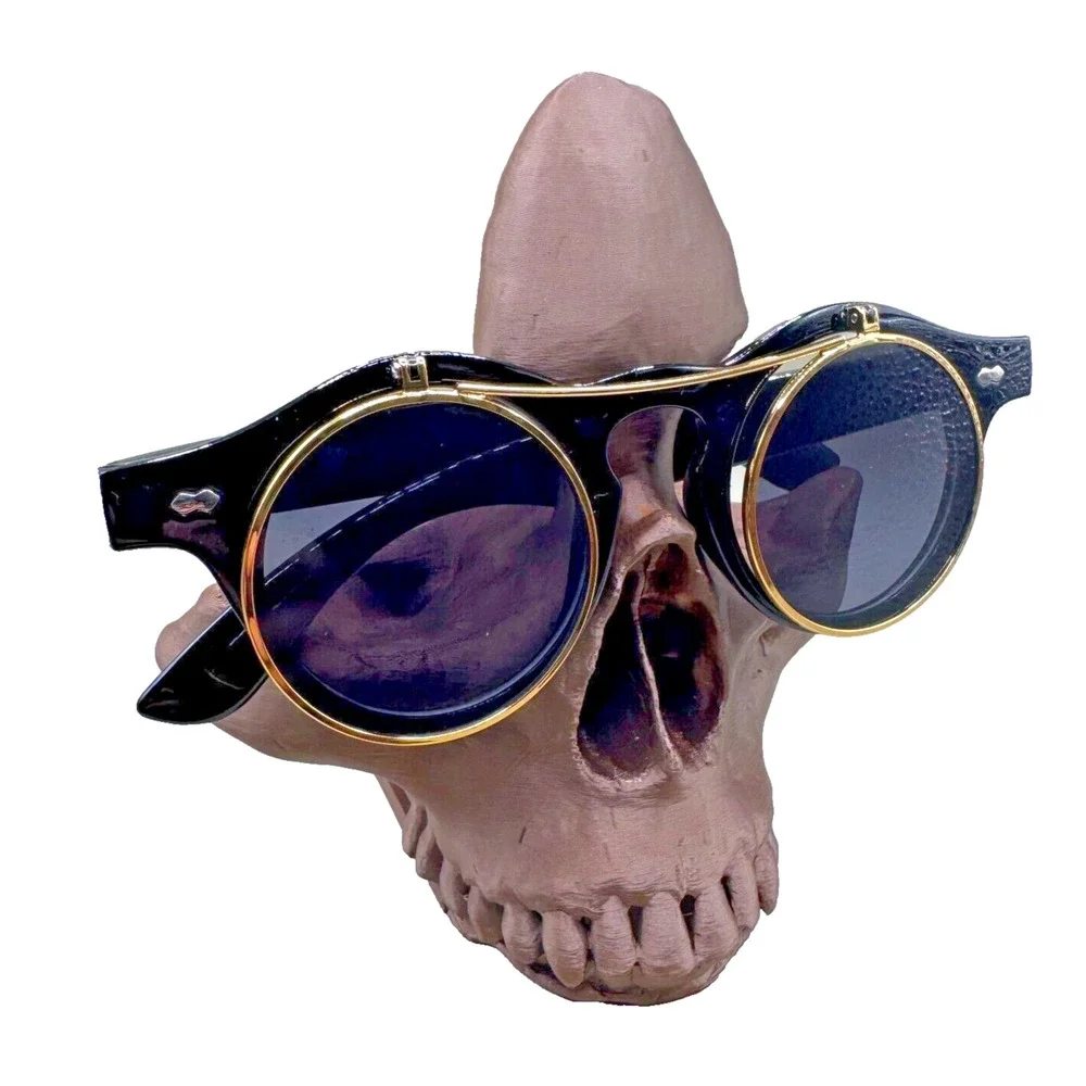 Music Festival Fashion Sunglasses Round Lenses Flip-Up Unisex - Shiny Black